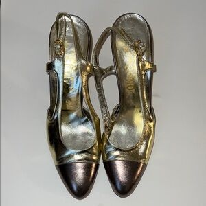 Salvatore Ferragamo Elegant Gold and Silver Women's Cap Toe Kitten Heels